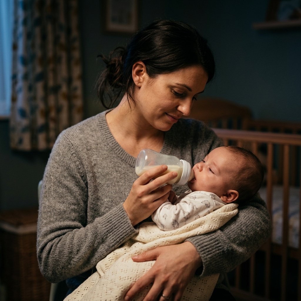 A parent holding a sleepy baby in their arms, about to give them a dream feed from a bottle in a softly lit room.