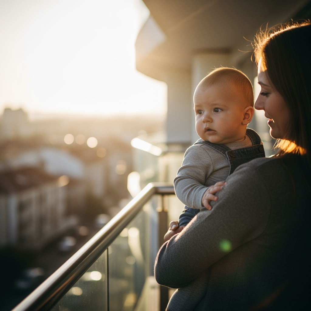 A parent holds their baby on a sunny balcony in the morning, exposing them to bright daylight at their travel destination.