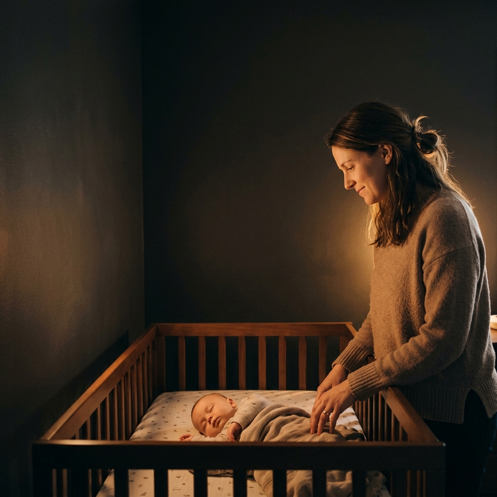 A parent looks down with a calm, reassured expression at their baby sleeping safely in a crib in a dimly lit room.