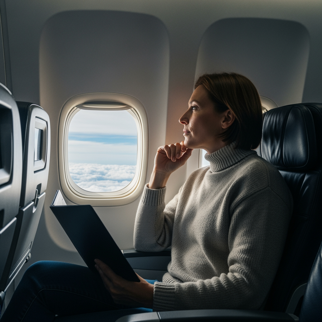 A parent looks thoughtfully out an airplane window at the clouds below, contemplating their travel plans.