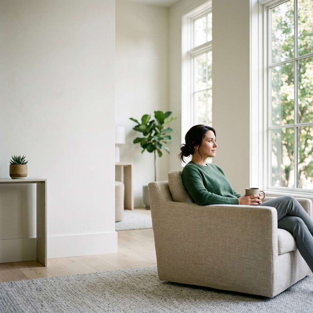 A parent relaxes in an armchair with a mug, enjoying a quiet moment of peace in a sunlit room.