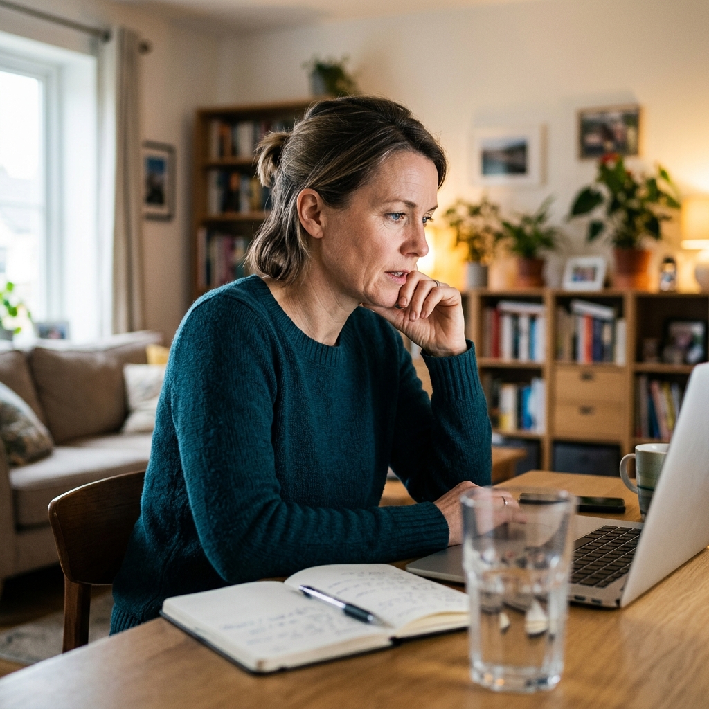 A parent seen from the side, listening intently during a video call on a laptop.