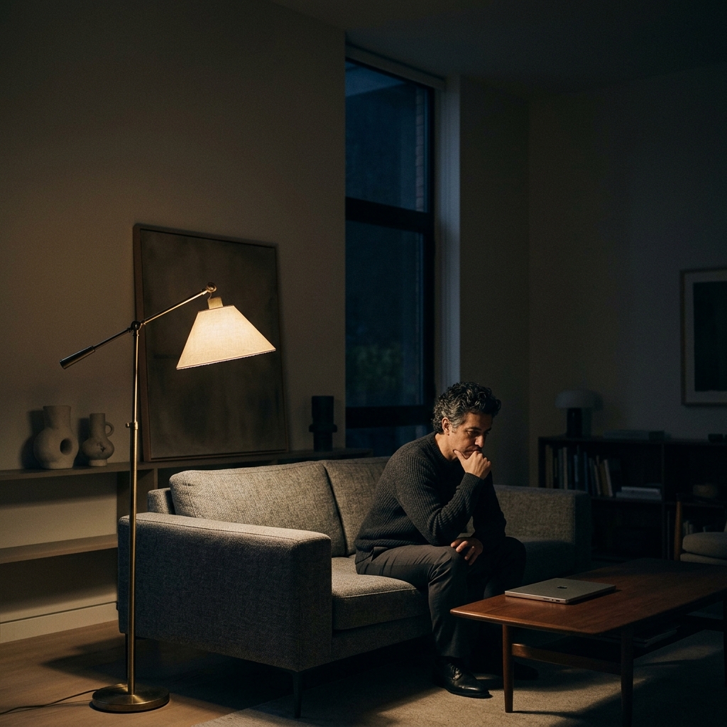 A parent sits alone on a sofa in a dimly lit room, looking thoughtful and contemplative.