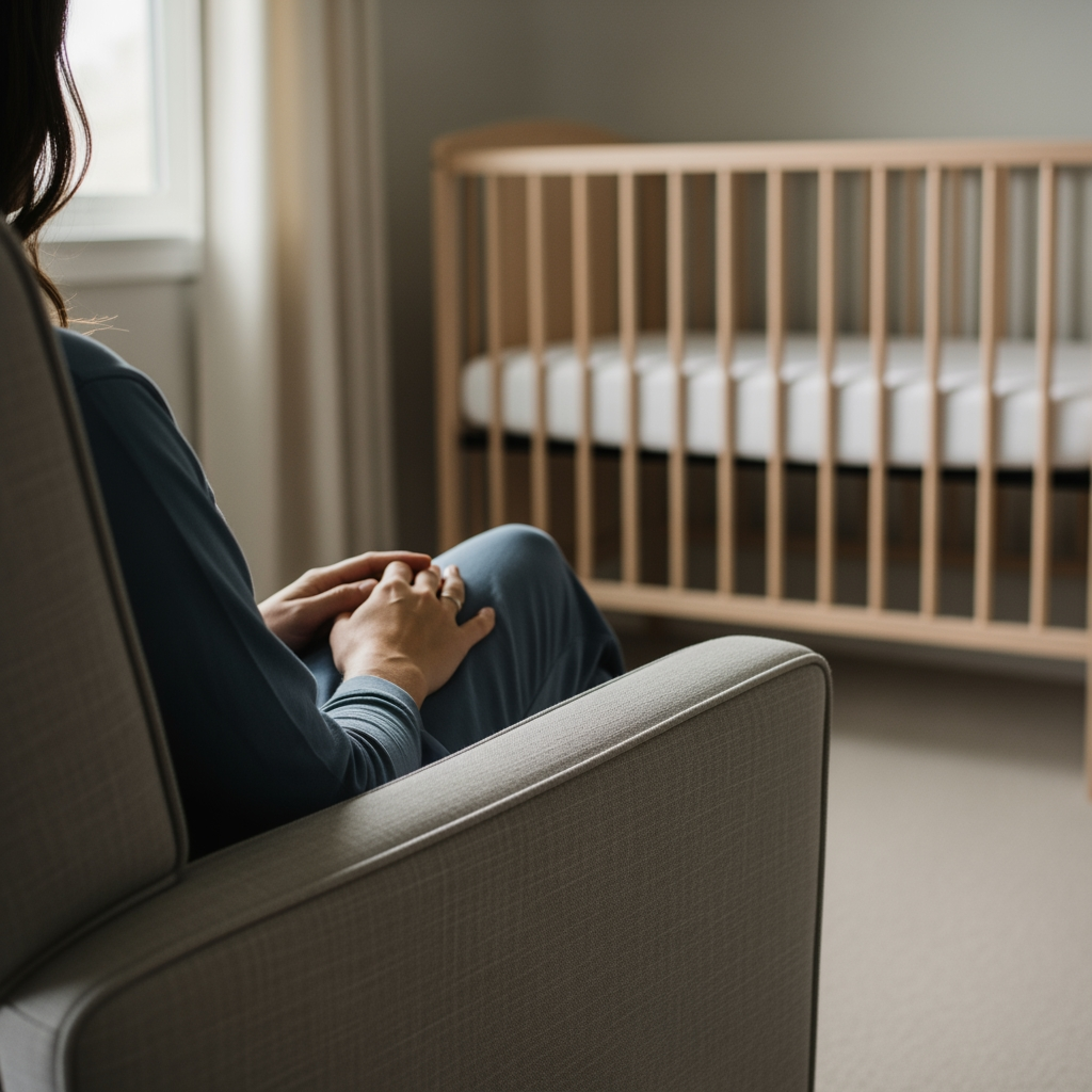 A parent sits calmly in a chair a few feet away from a baby's crib in a softly lit room.