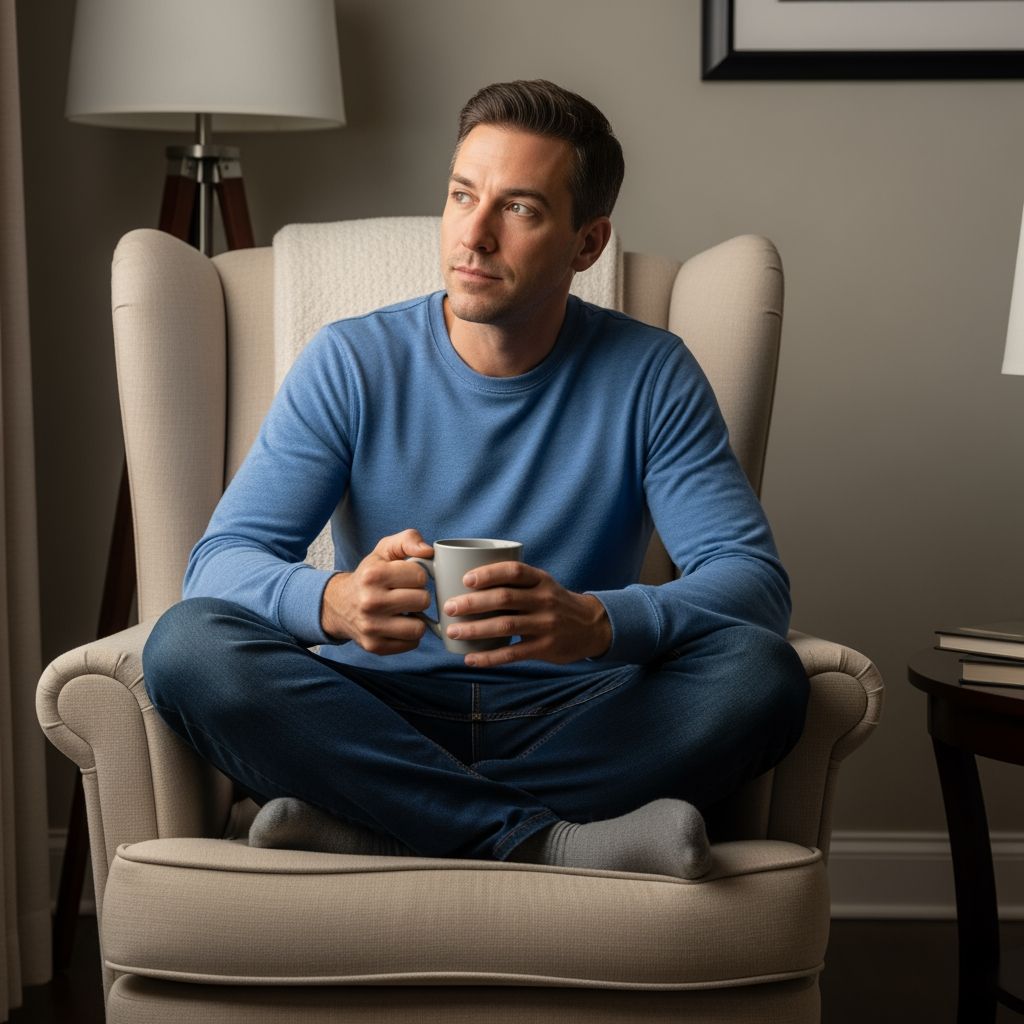 A parent sits in an armchair with a mug, looking thoughtful, representing the choice of a parenting philosophy.