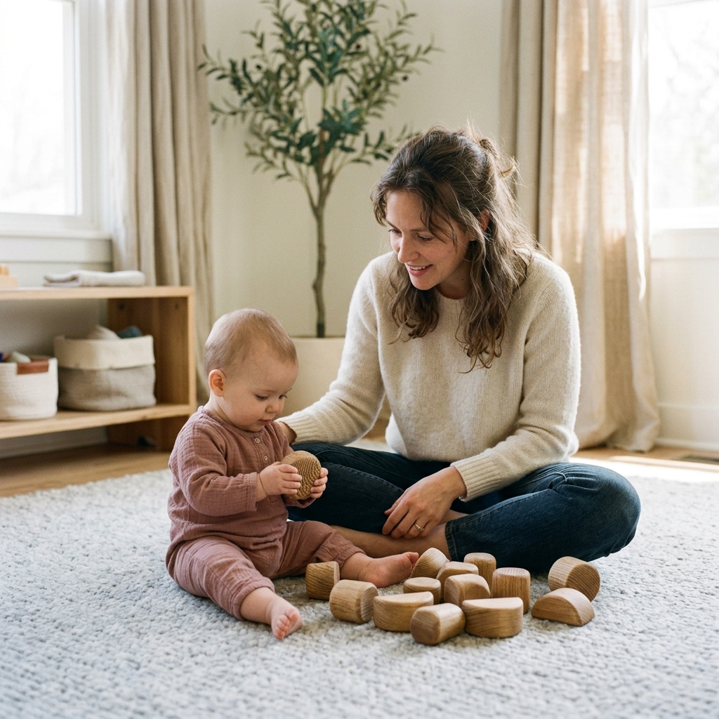 A parent sits on the floor at eye-level, watching their baby play with wooden blocks in a sunny room.
