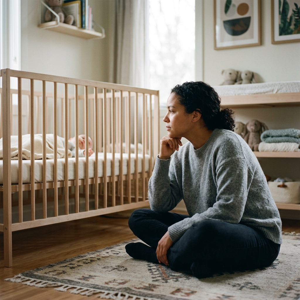 A parent sits on the nursery floor, looking thoughtfully towards their baby's crib in the daytime.