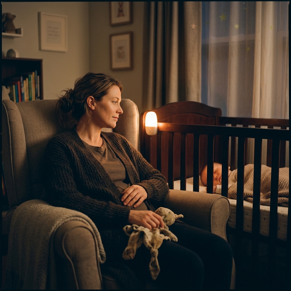 A parent sits patiently in a chair next to a crib in a calm, dimly lit nursery at night, representing the Chair Method.