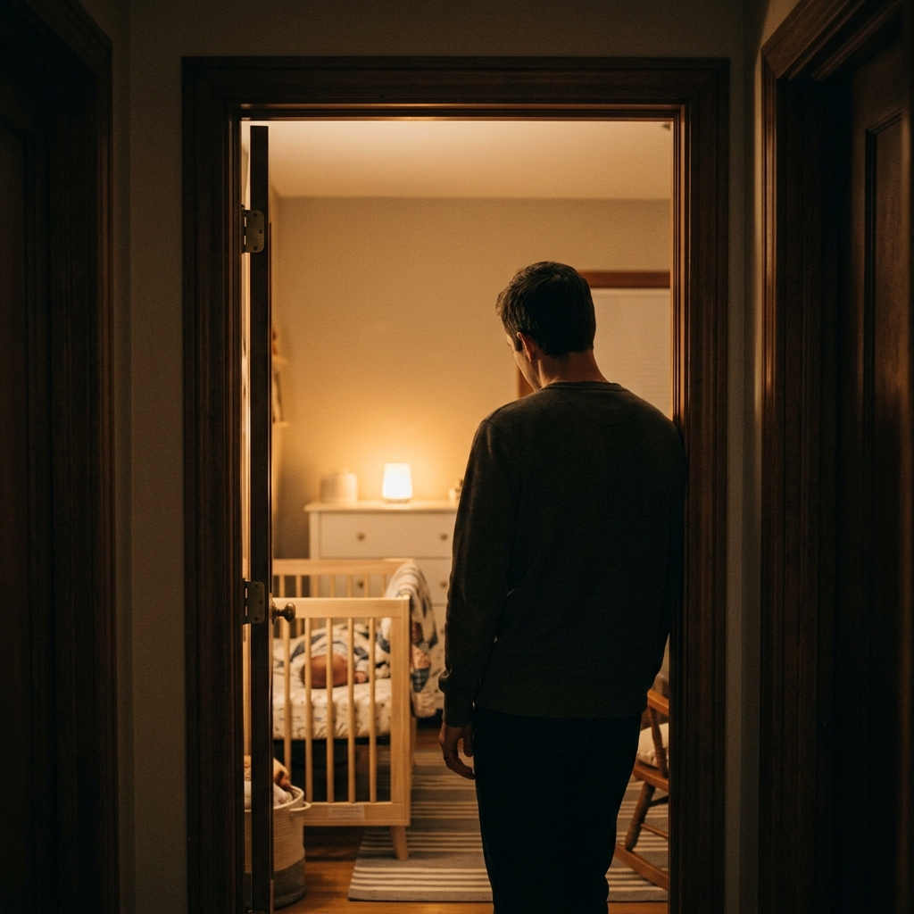 A parent stands in a doorway, peacefully watching their baby sleep in a softly lit nursery.