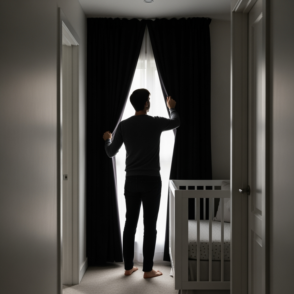 A parent stands in a nursery doorway and pulls the blackout curtain, taking a clear next step to establish a predictable sleep routine.