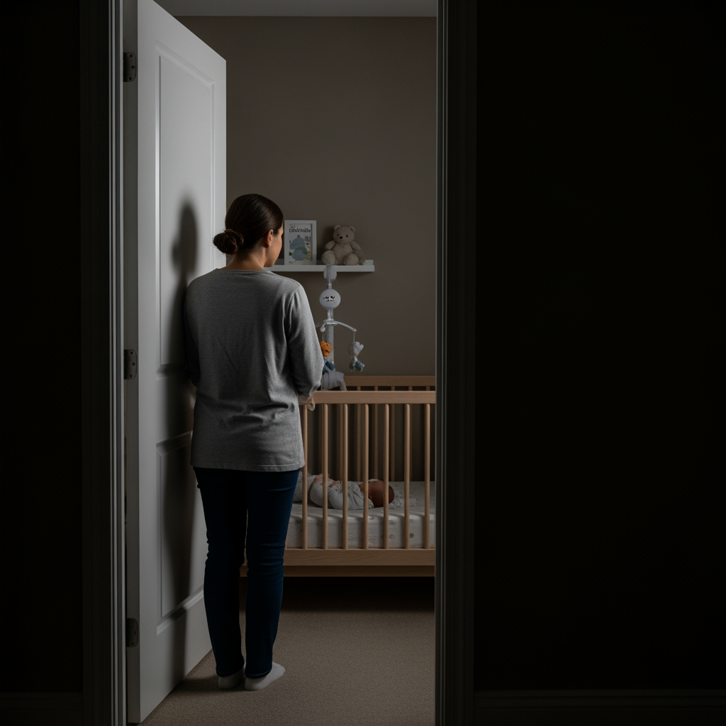 A parent stands in a nursery doorway at night, calmly looking in, illustrating a check-in.