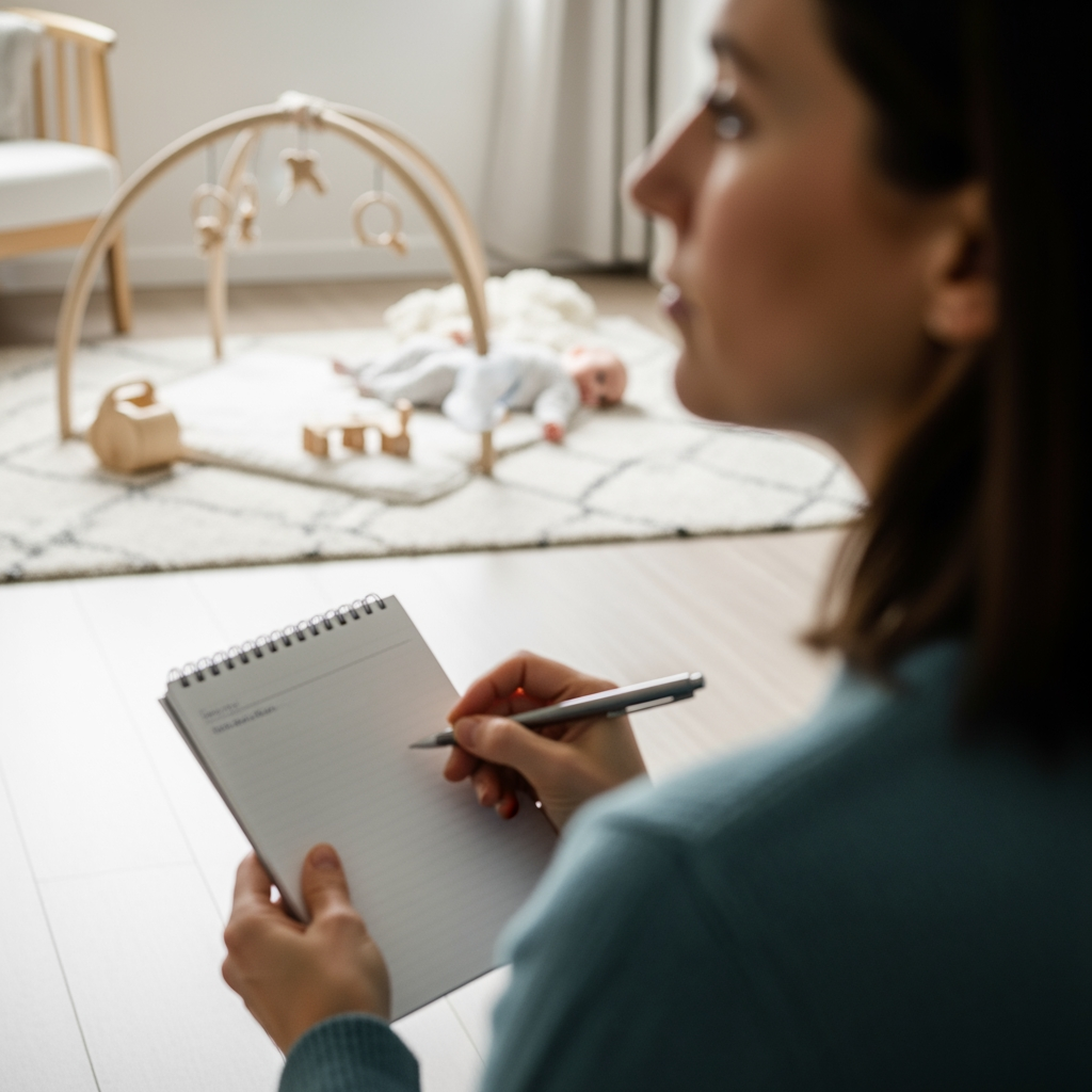 A parent thoughtfully observes their baby's play area, holding a plain notepad to track activity.