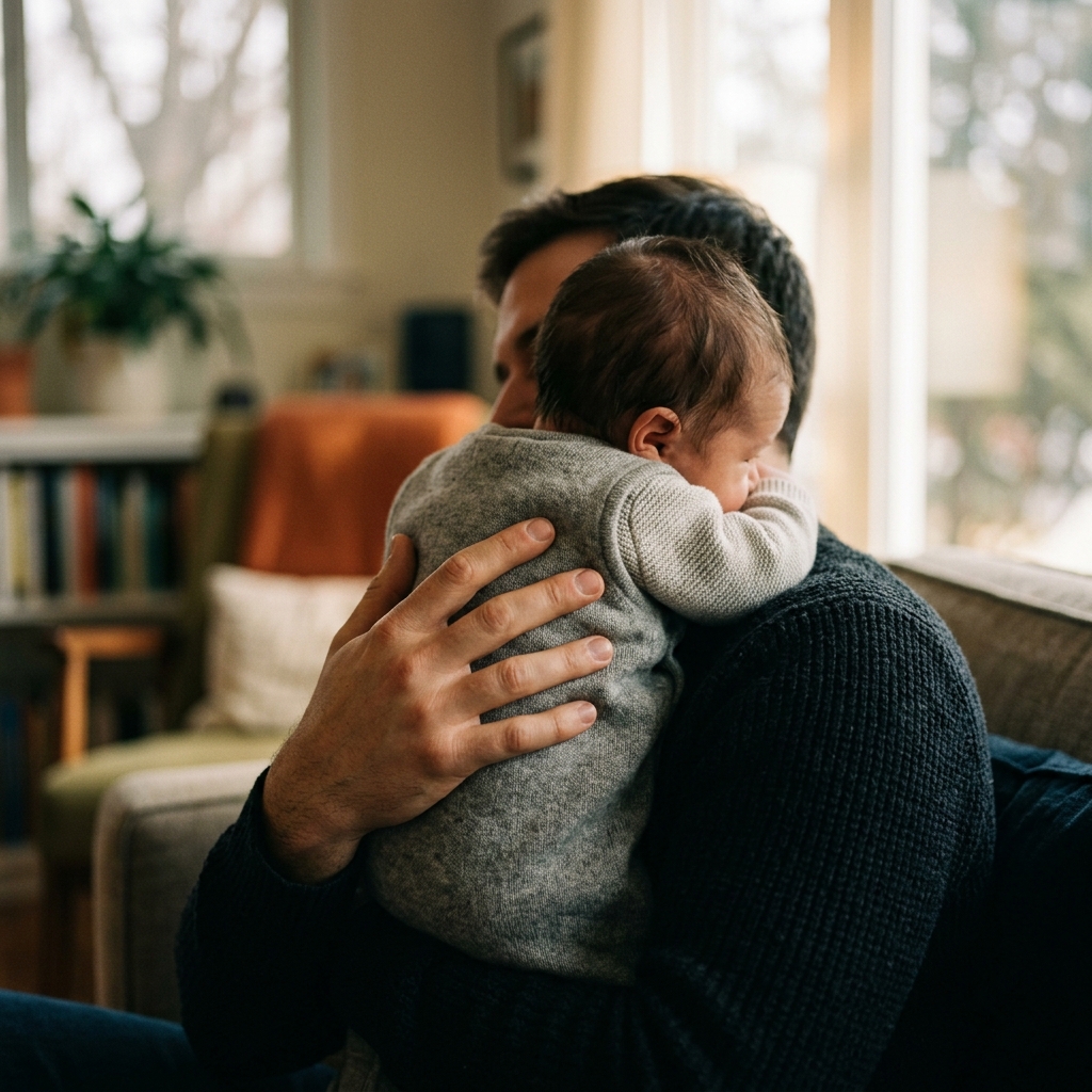 A parent's hand gently pats the back of their baby in a comforting gesture, representing a sign to pause and care for the baby.