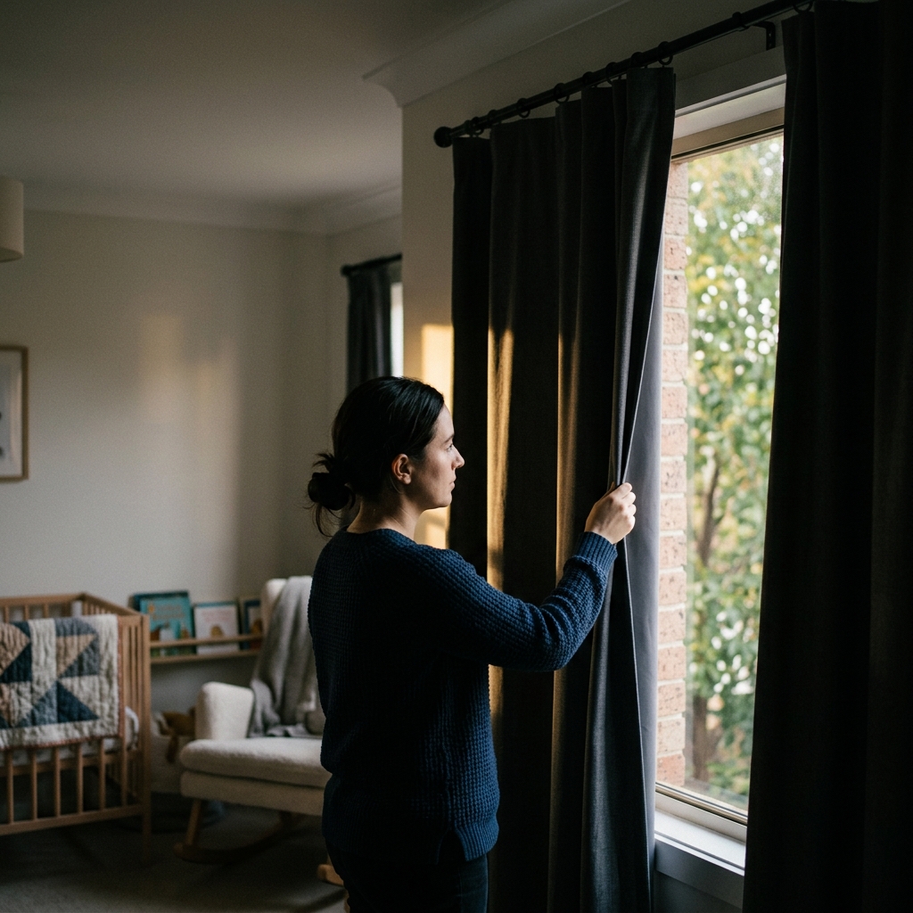 A parent's hands drawing a blackout curtain across a nursery window to darken the room for sleep.