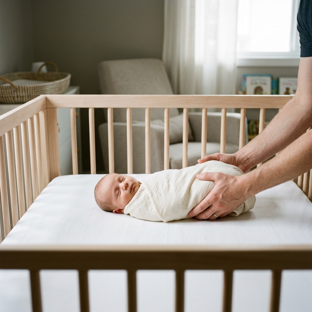 A parent's hands gently place a drowsy, swaddled baby into a safe crib.