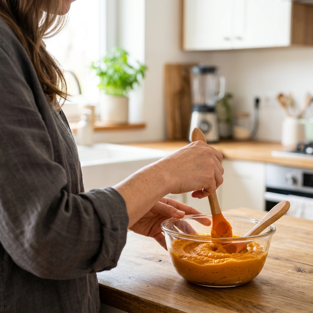 A parent's hands stirring a vibrant orange sweet potato purée in a glass bowl in a bright, clean kitchen.