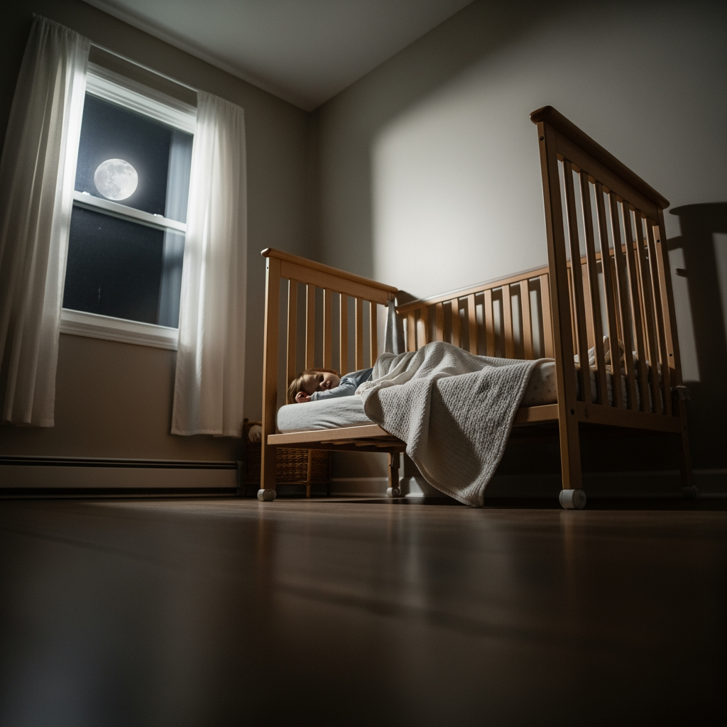 A peaceful toddler sleeps soundly in their crib at night, seen from a low angle in a moonlit nursery.