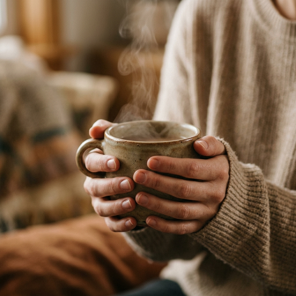 A person's hands holding a warm, steaming mug, representing a gentle, calming step to break the anxiety cycle.