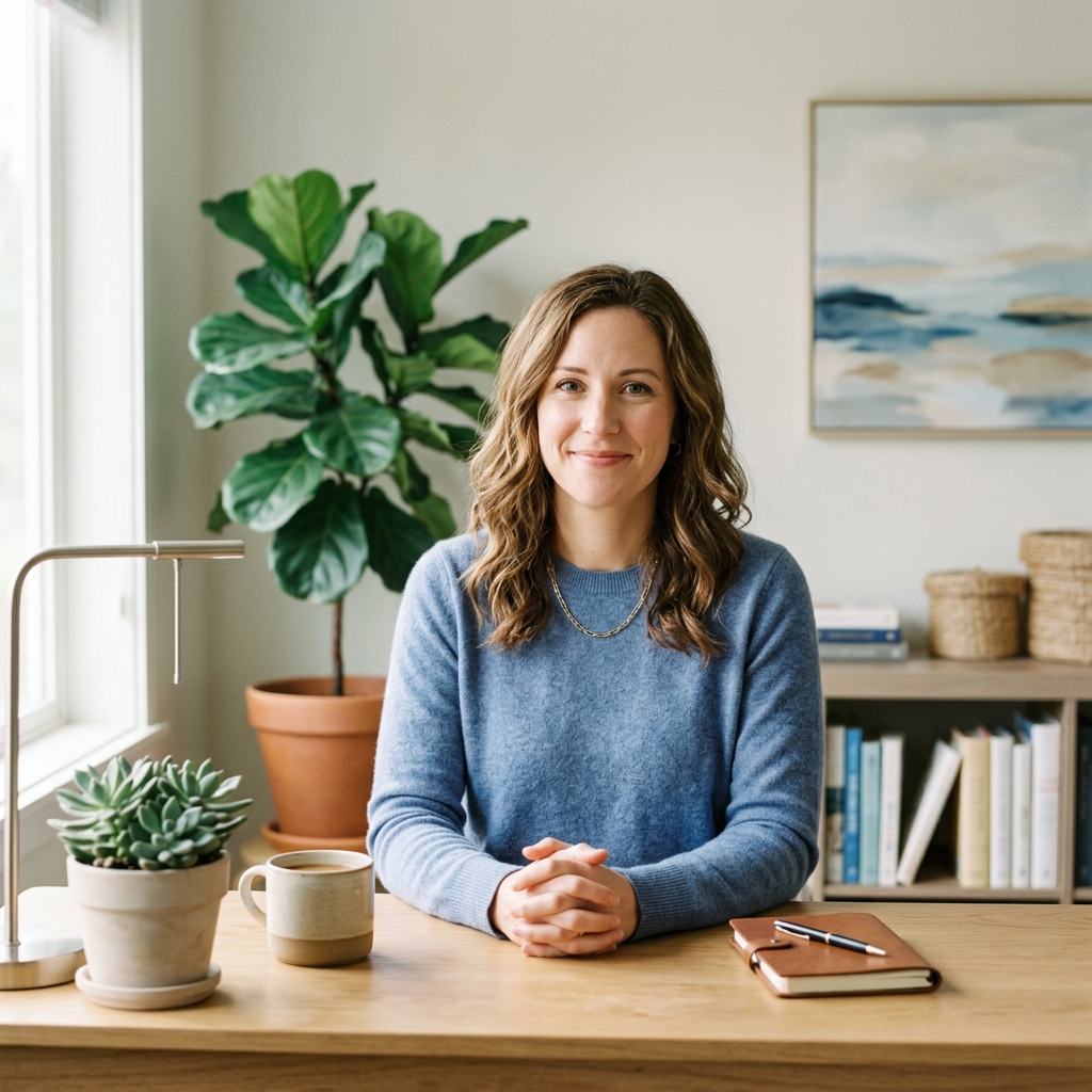 A professional sleep consultant sits in her bright, calm office, looking warmly at the camera.