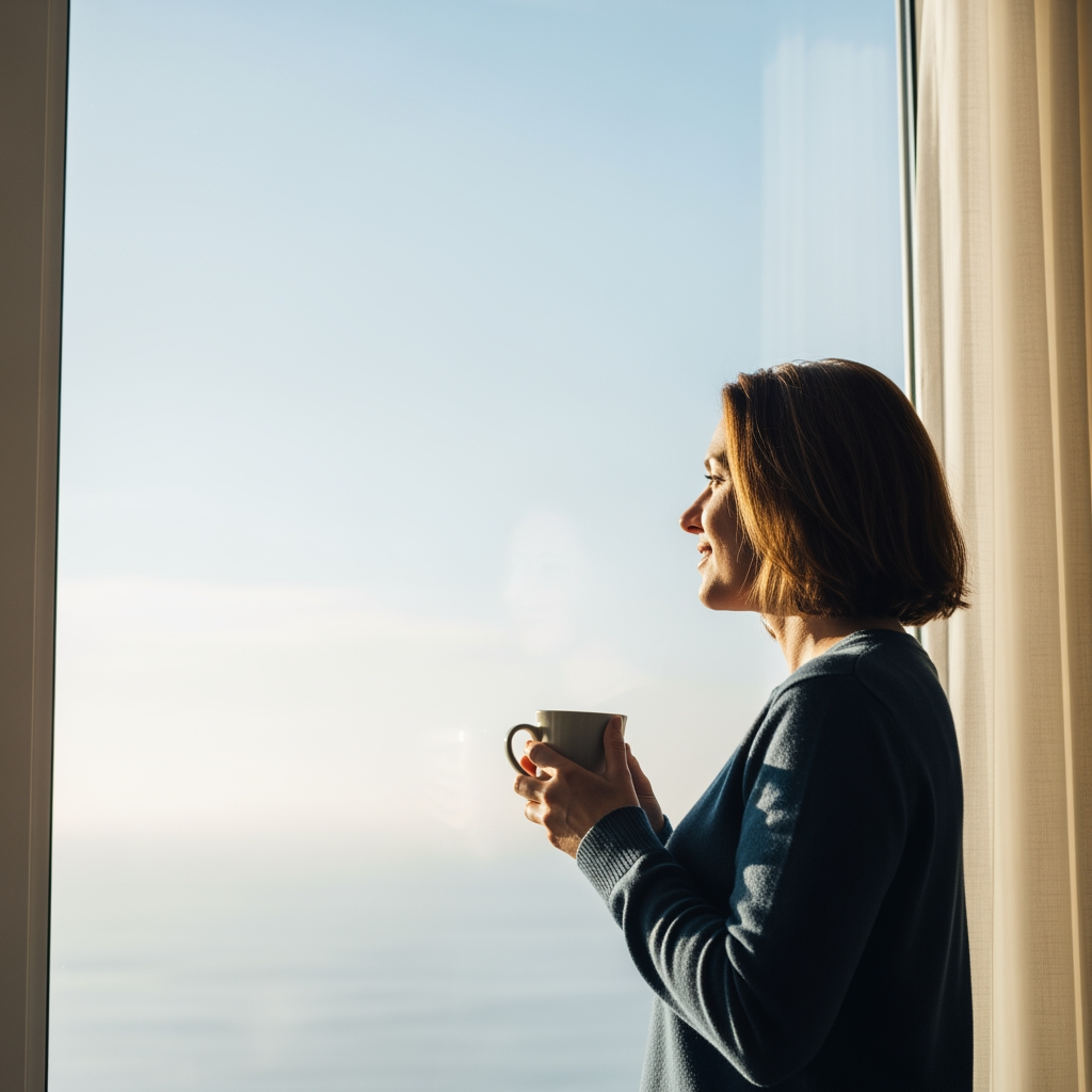 A refreshed parent holding a mug looks out a large window at the morning sky, feeling calm after making a decision.