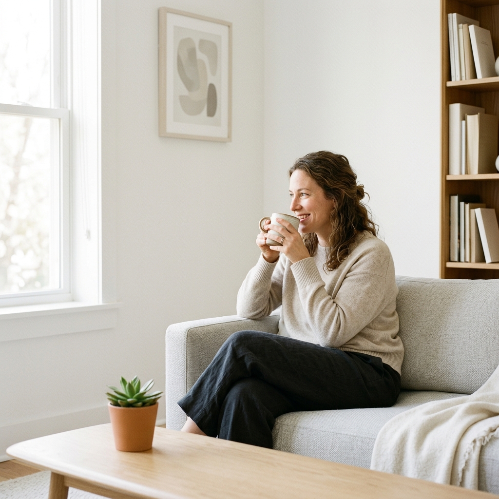A relaxed parent enjoys a cup of coffee in a bright, quiet living room in the morning.