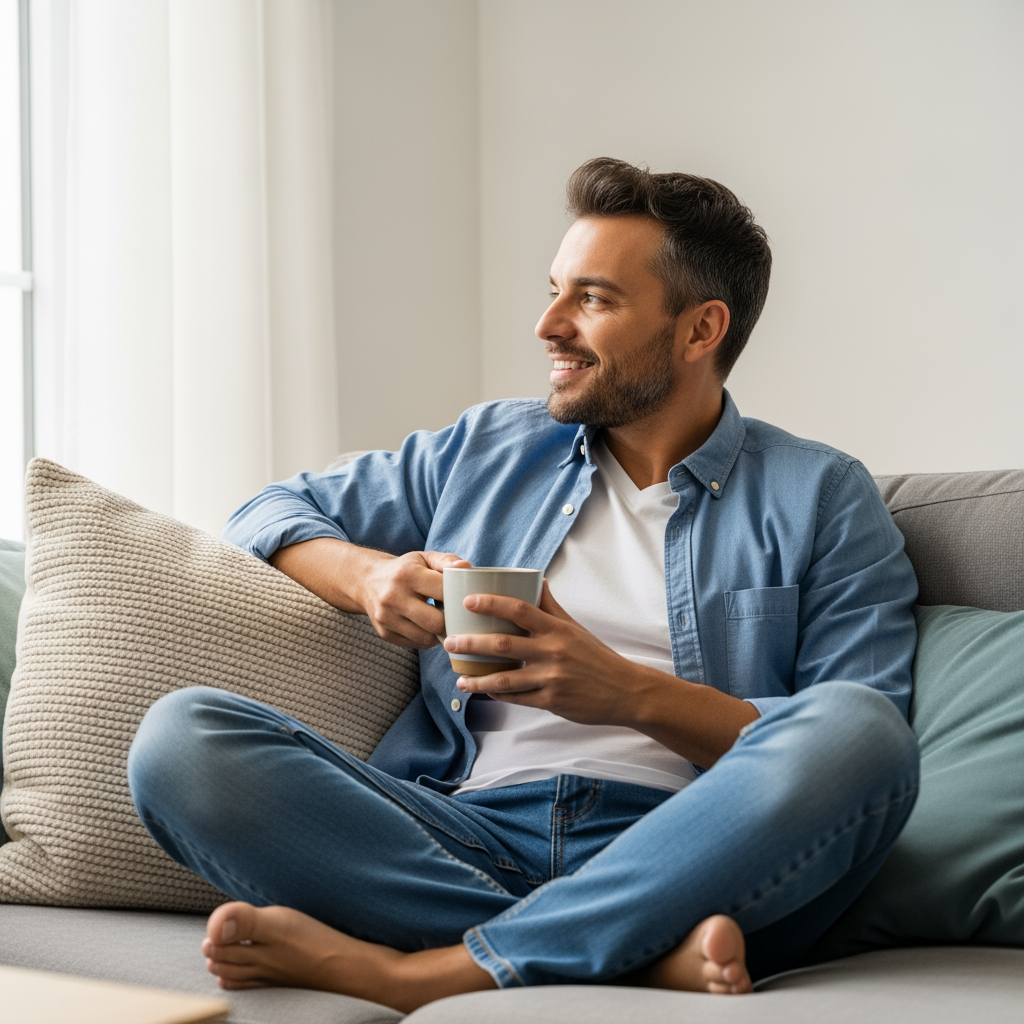 A relaxed parent enjoys a cup of tea on a sofa in a sunlit room, representing a moment of peace.