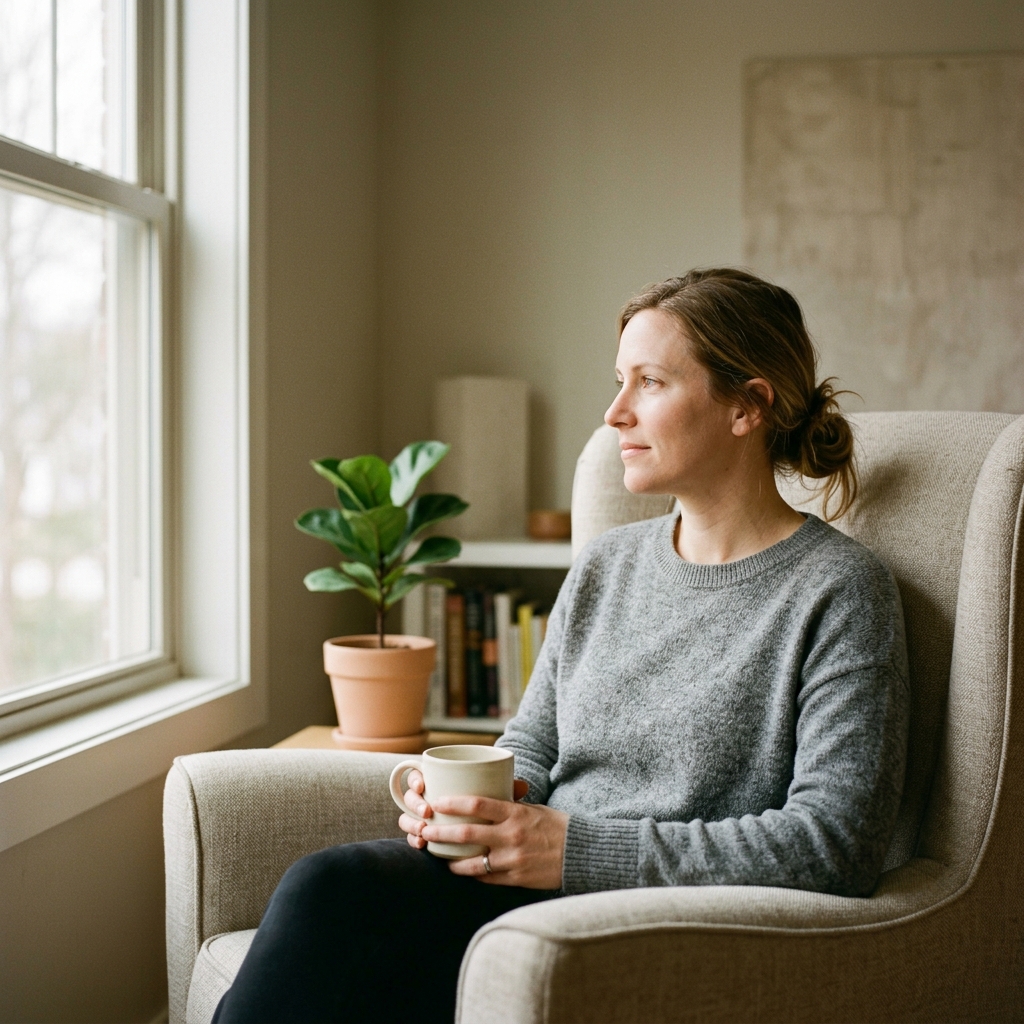 A rested parent enjoys a quiet moment with a cup in a sunlit room, looking peaceful.
