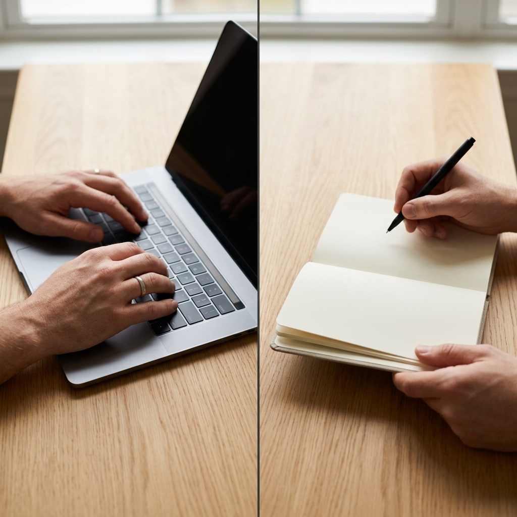 A split view showing hands on a laptop on one side, and hands holding a notebook and pen on the other.