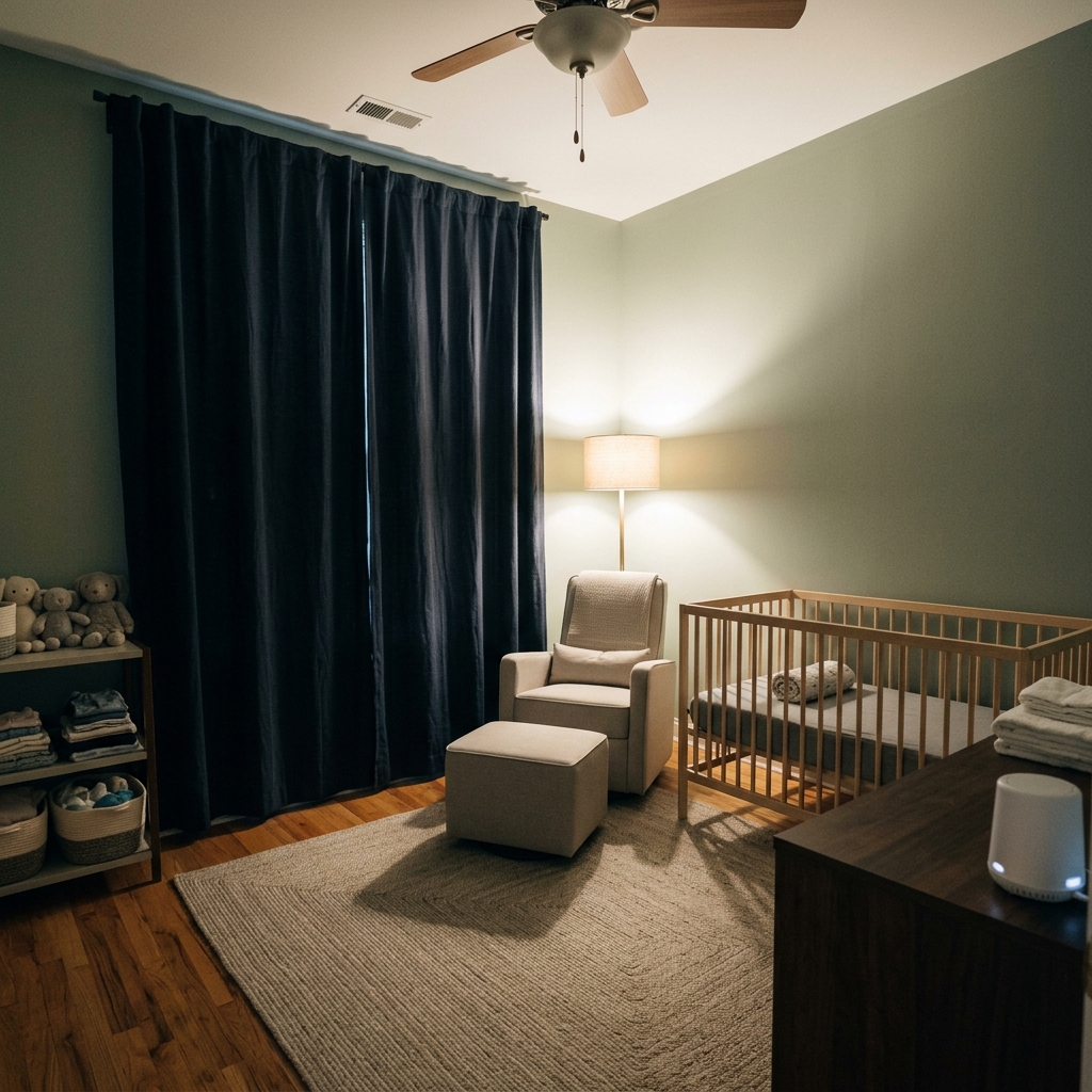 A wide view of a calm and tidy nursery with blackout curtains drawn, prepared for a baby's sleep.