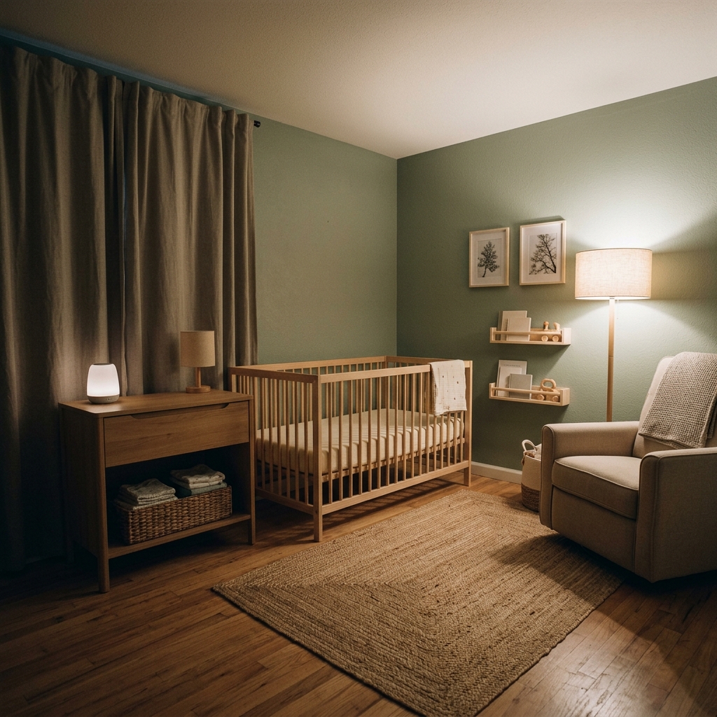 A wide view of a calm, modern nursery at dusk, prepared for a baby's bedtime.
