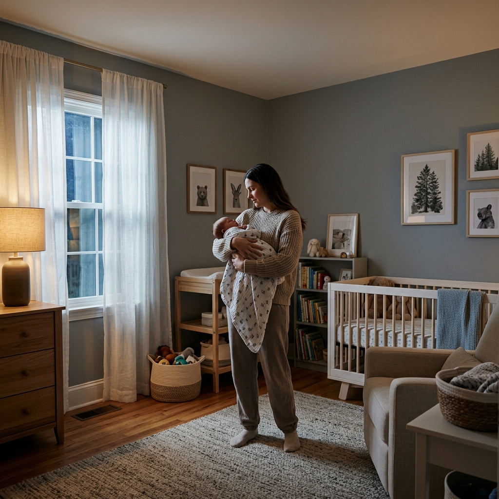 A wide view of a parent patiently rocking their baby in a calm, moonlit nursery.