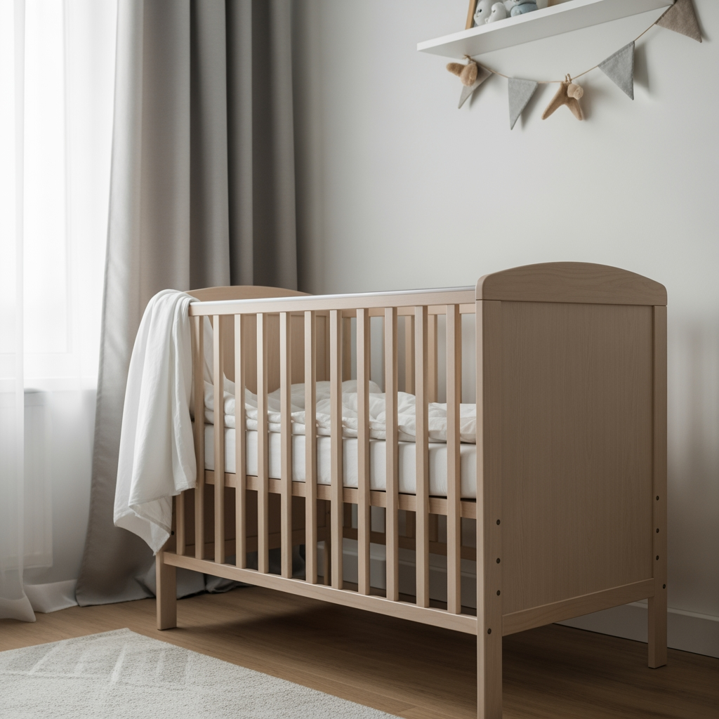 An empty crib with slightly rumpled sheets in a sunlit nursery, symbolizing a short nap that has ended.