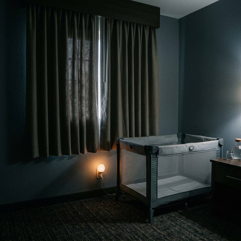An empty pack 'n play sits in the corner of a dark room with blackout curtains, creating a serene sleep sanctuary.
