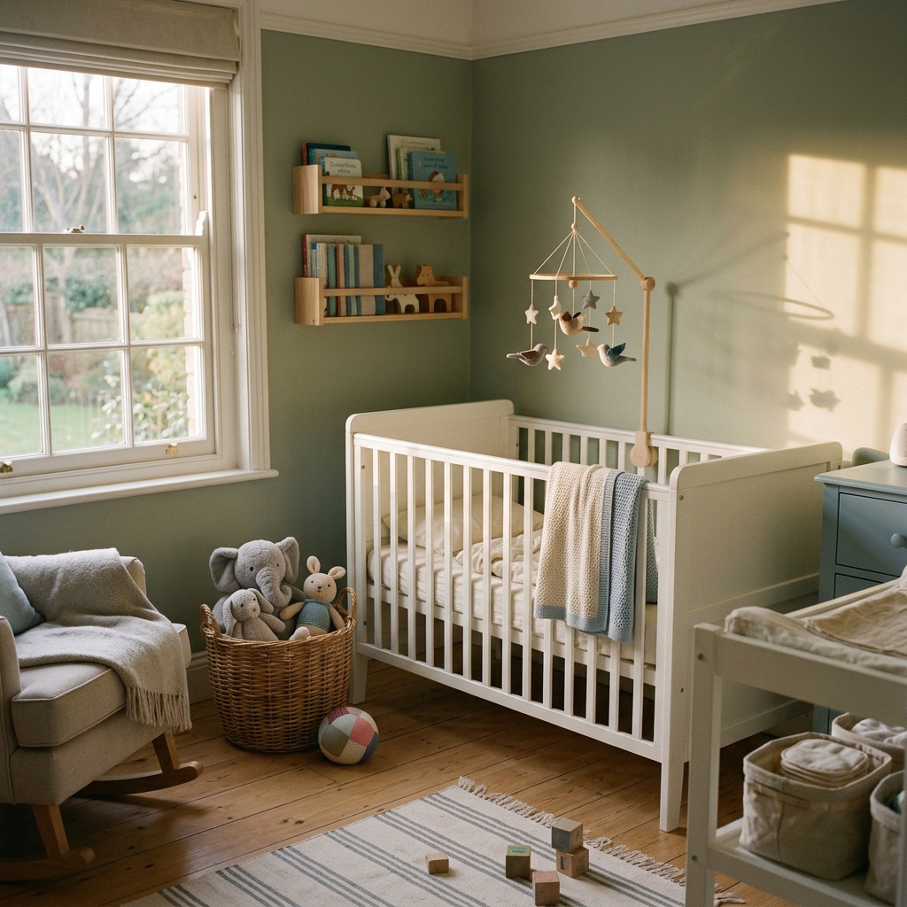 An empty, peaceful nursery in the early morning, with soft golden light streaming through the window, signifying a successful night's sleep.