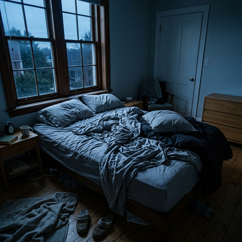 An empty, rumpled bed in the early morning light, representing the exhaustion from a sleepless night due to postpartum anxiety.