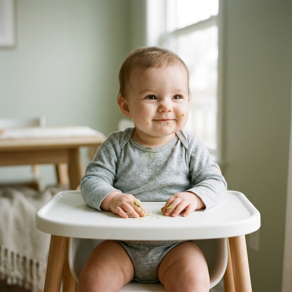 An eye-level shot of a happy baby sitting contentedly in a high chair after eating, with a small smudge of food on their cheek.