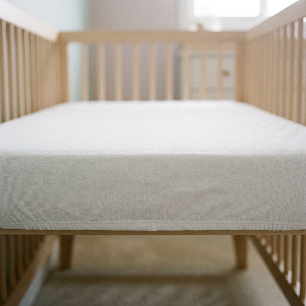 An eye-level view across a perfectly flat and firm crib mattress, demonstrating a safe, non-inclined sleep surface.