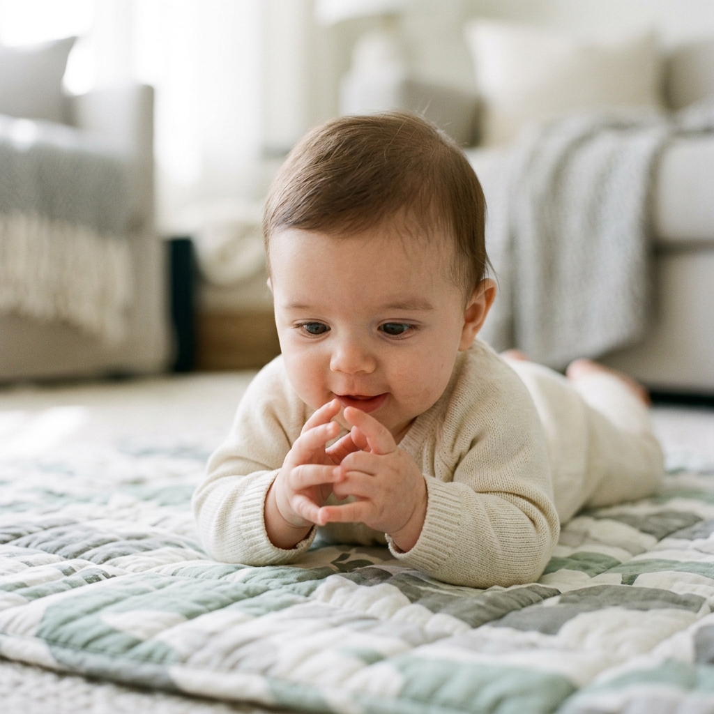 An eye-level view of a curious baby lying on a play mat, looking at their own hands, indicating developmental readiness.