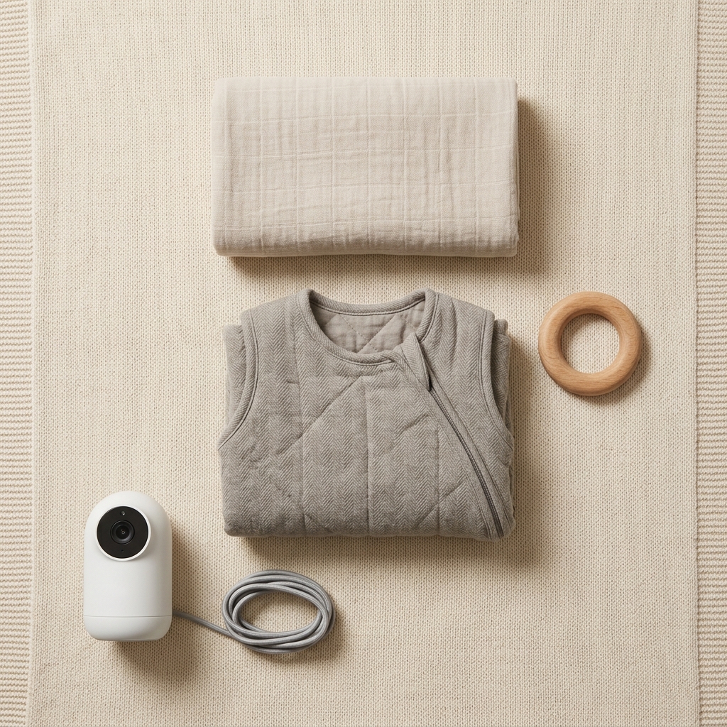 An overhead flat lay of baby sleep essentials including a swaddle and sleep sack, representing the components of a sleep program.