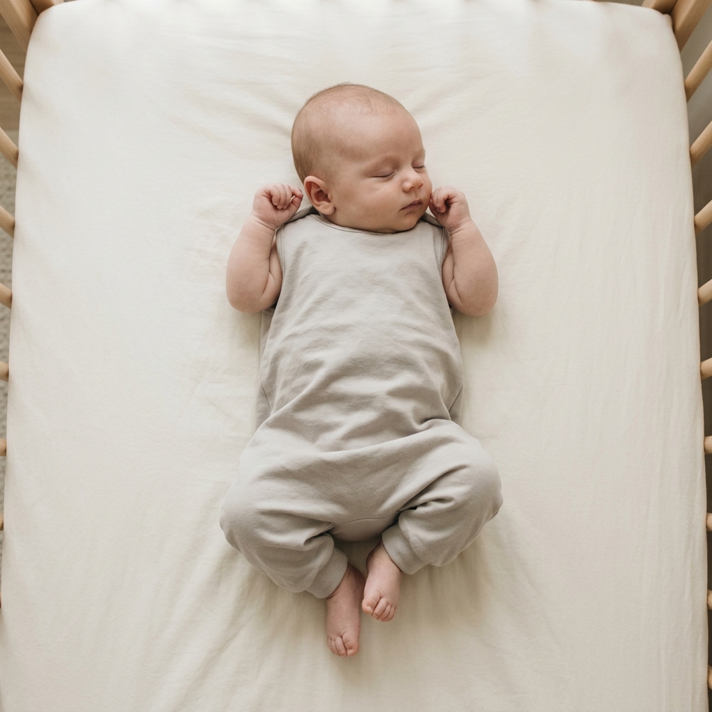An overhead view of a baby in a crib, looking slightly restless but not distressed, hinting at digestive discomfort.