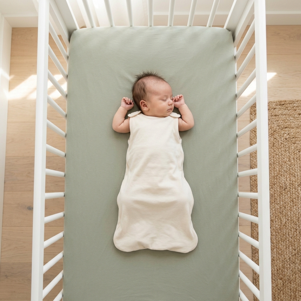 An overhead view of a baby sleeping peacefully in the middle of a crib.