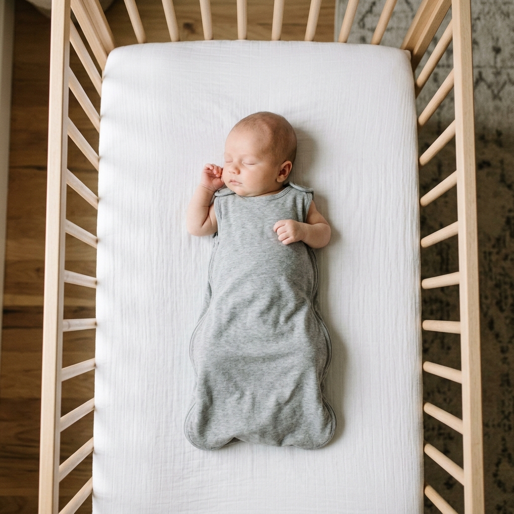 An overhead view of a baby sleeping peacefully on its back in the middle of a crib, looking calm and content.