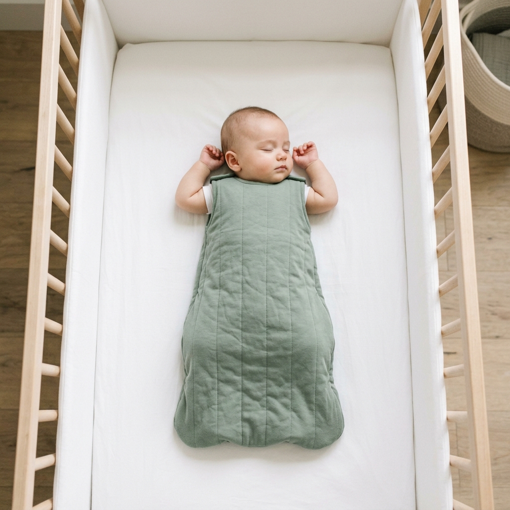 An overhead view of a baby sleeping soundly in the middle of a crib.