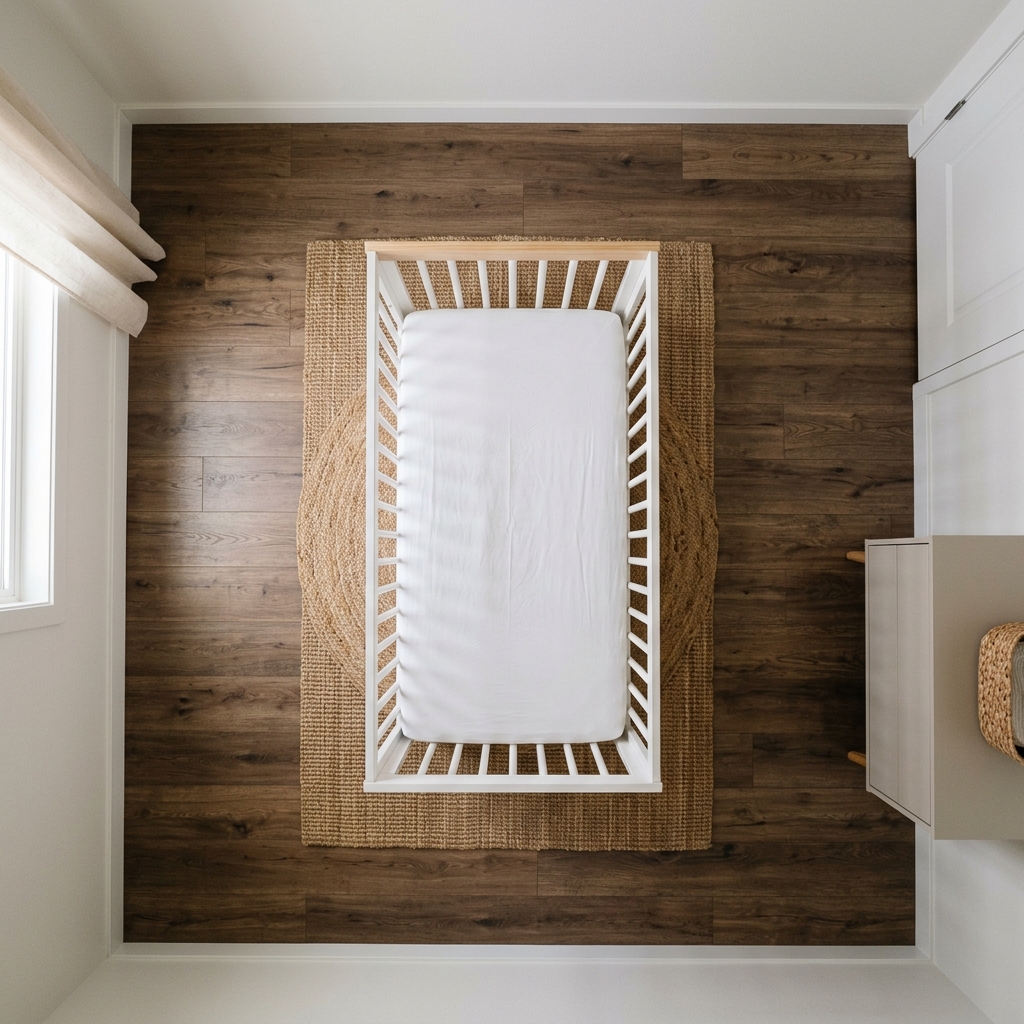 An overhead view of a baby's crib positioned safely in the center of the room, far away from any windows or furniture.