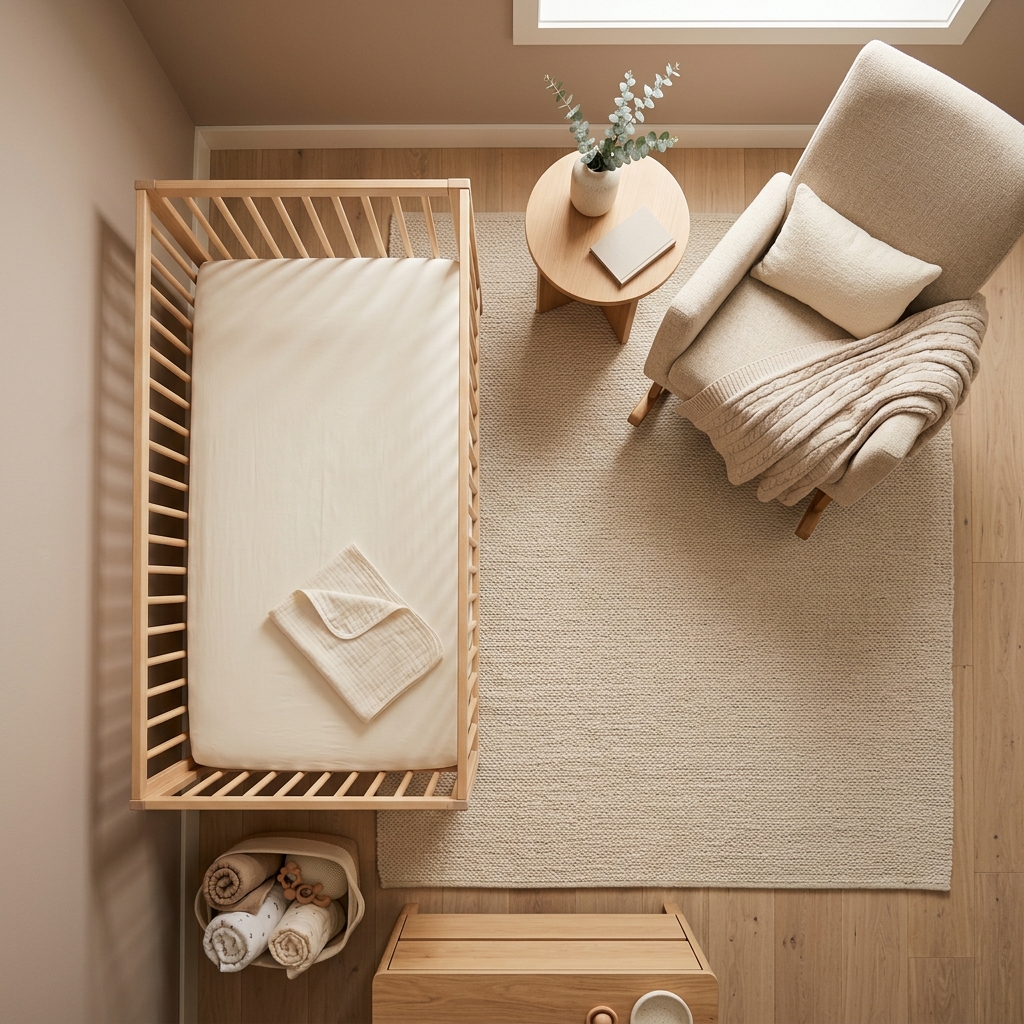 An overhead view of a calm and tidy nursery, with a crib and chair ready for a peaceful bedtime routine.