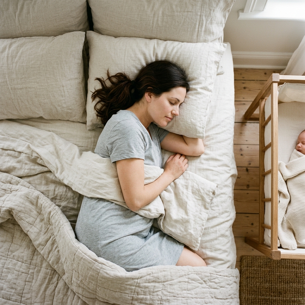 An overhead view of a mother sleeping peacefully in bed, representing the hopeful outcome of finding calmer nights.