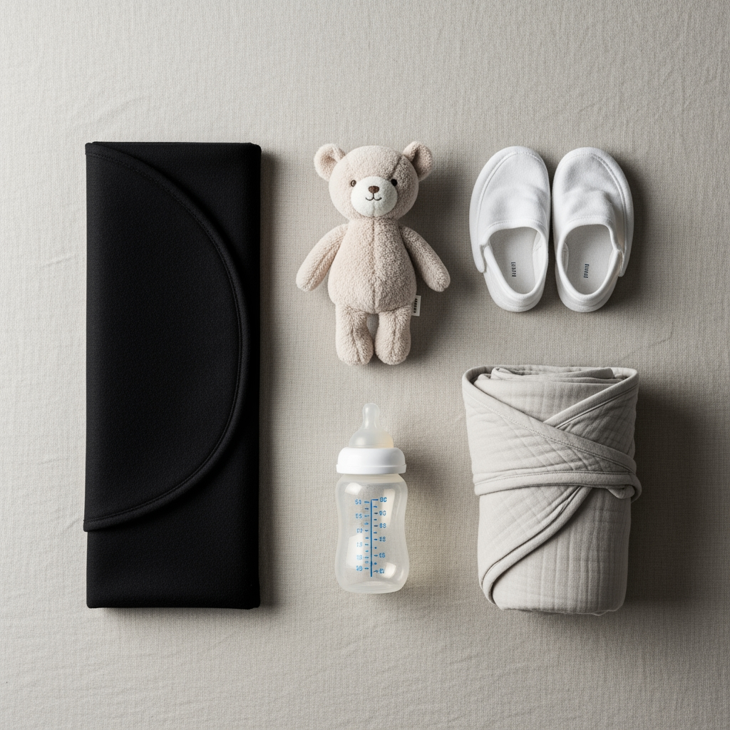 An overhead view of a neatly arranged jet lag toolkit for a baby, including a blackout cloth, swaddle, and toy.