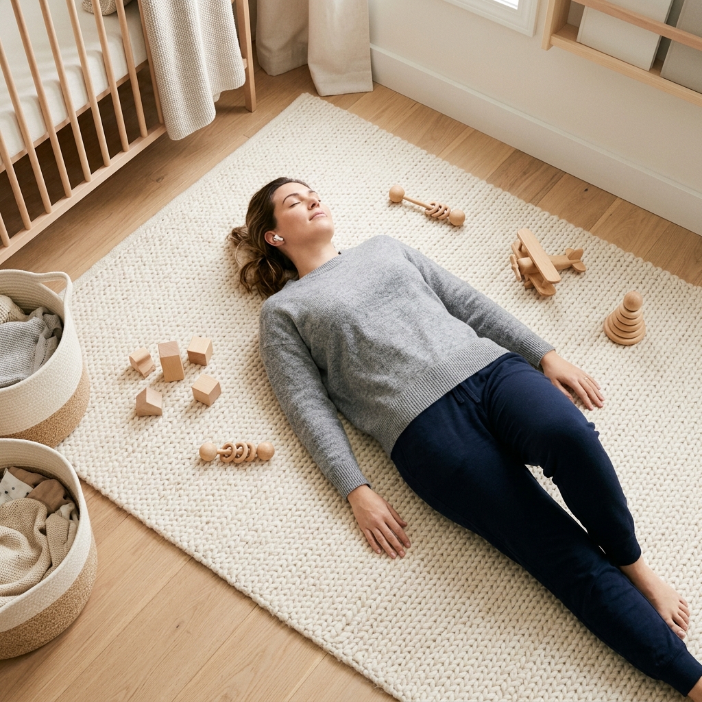 An overhead view of a parent wearing earbuds while relaxing on a nursery floor, suggesting they are using online guidance.