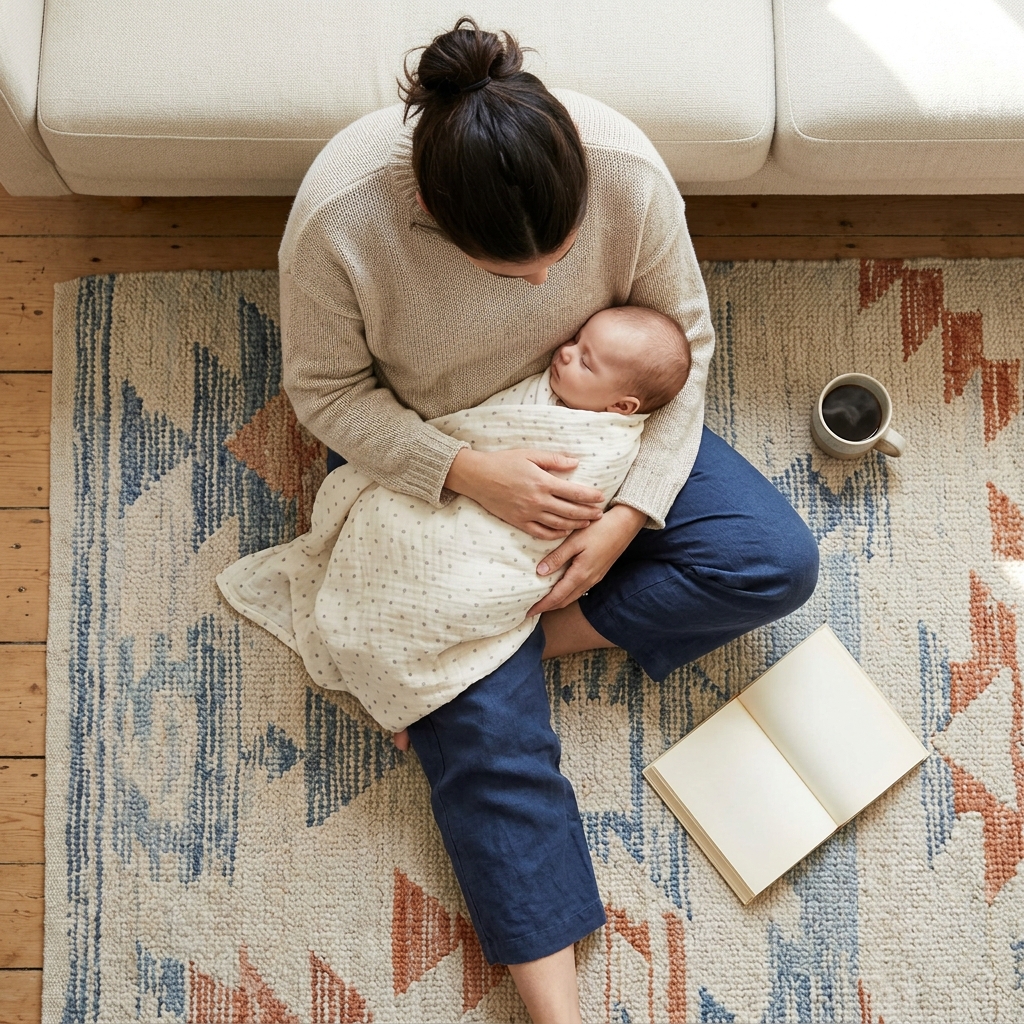 An overhead view of a parent with a sleeping baby on their lap, with a coffee mug and book just out of reach.