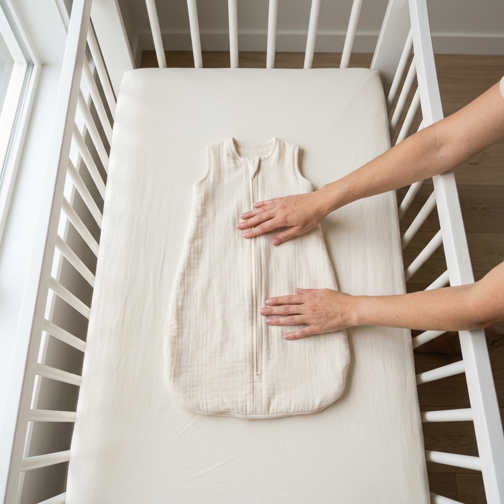 An overhead view of a parent's hands carefully preparing a sleep sack in a crib, representing the start of a new sleep action plan.